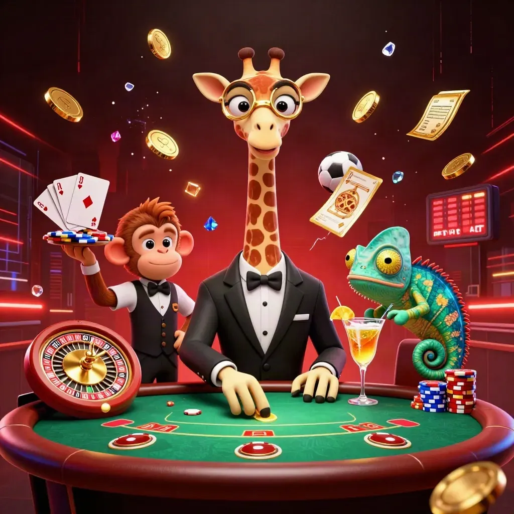 Giraffe, Affe und Chamäleon im Neon-Casino mit Karten, Chips und Gold.