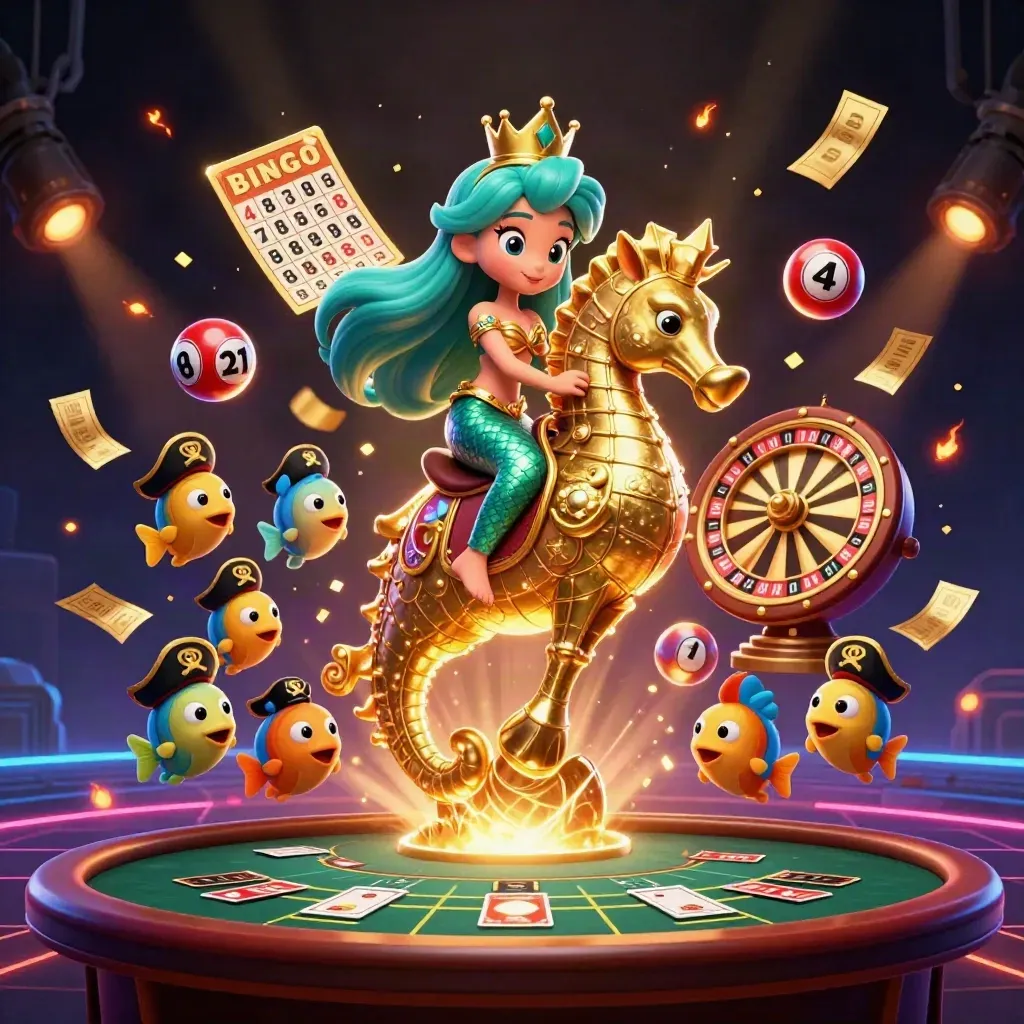 Meerjungfrauenprinzessin auf goldenem Seepferd, Neonhimmel, Gold, Rauch, Piratenfische
