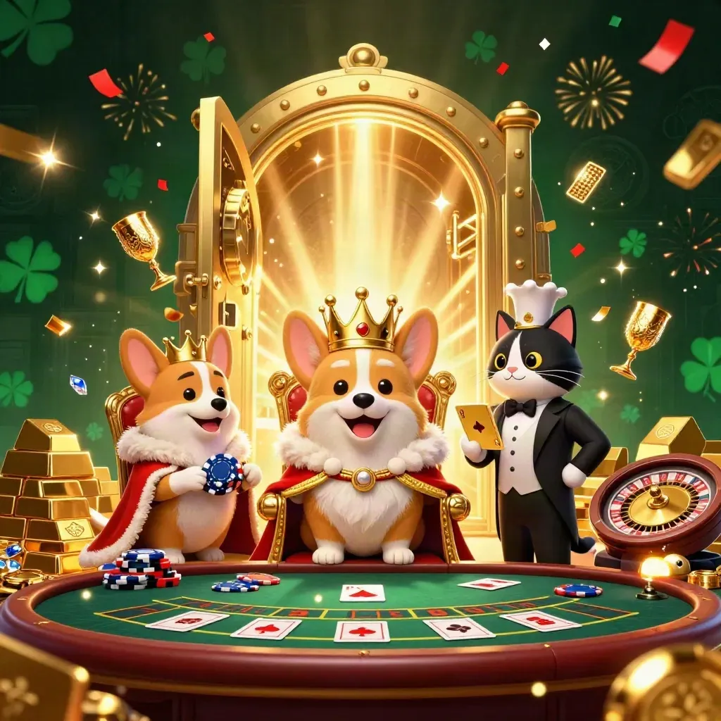 Royaler Corgi und Katzenbutler im goldenen Casino-Licht mit Schatz, Edelsteinen und Roulette.