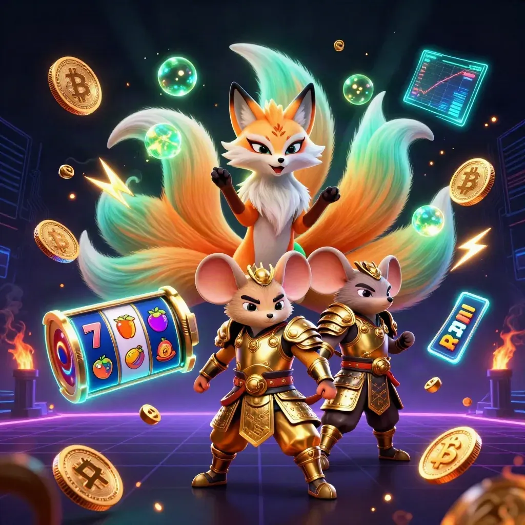 Neunschwänziger Fuchsgeist mit Samurai-Maus, Krypto-Coins und Neonblitzen im Casino-Look