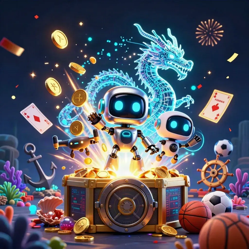 Cyber-Roboter, Hologramm-Drache und Drohne im Goldregen, Unterwasser-Schatz und Casino-Lichteffekte