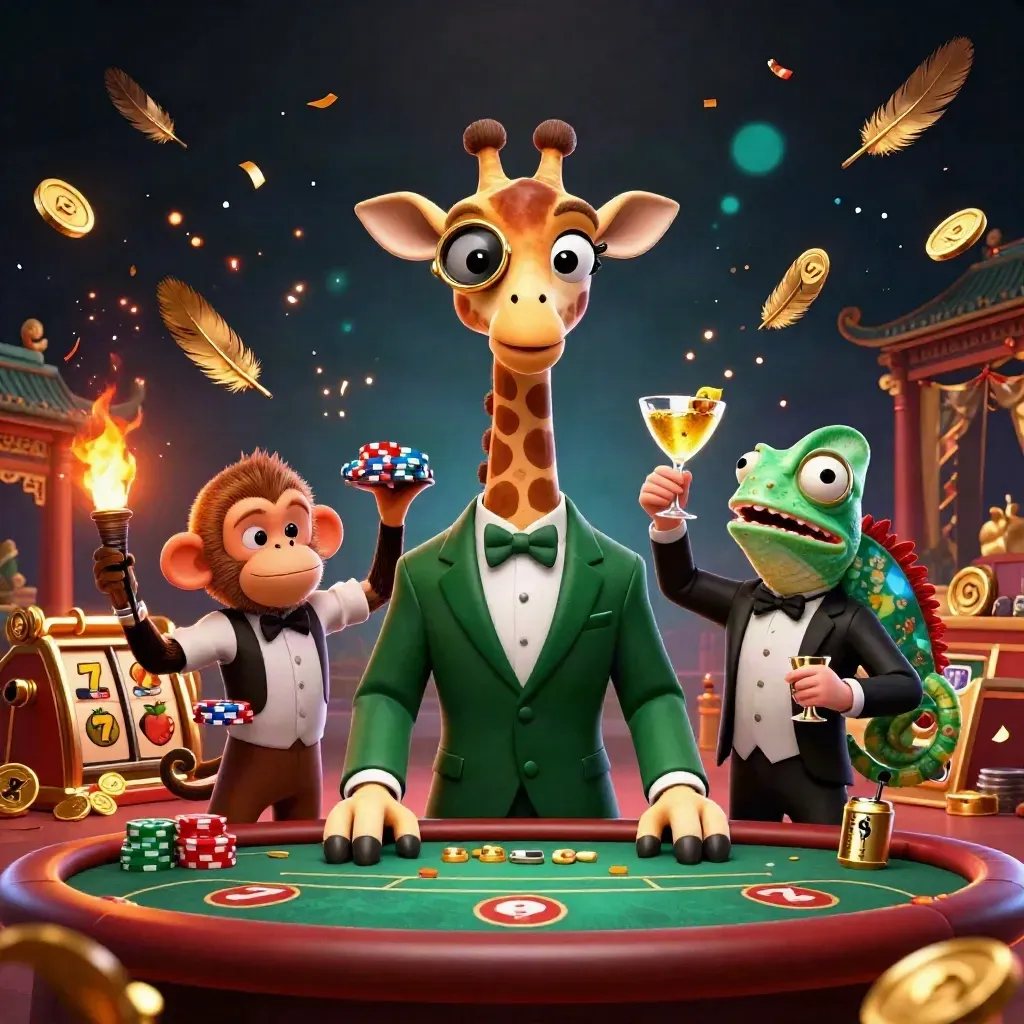 Giraffe im Anzug, Affe und Chamäleon am Pokertisch, goldene Karten- und Münz-Action