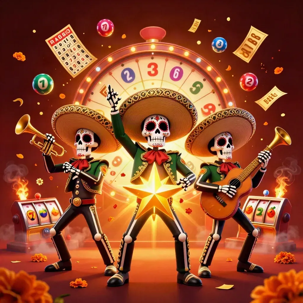 Drei Skelett-Mariachis mit Sternblatt-Relikt, Lottokugeln, Bingo und Spielautomat-Elementen.